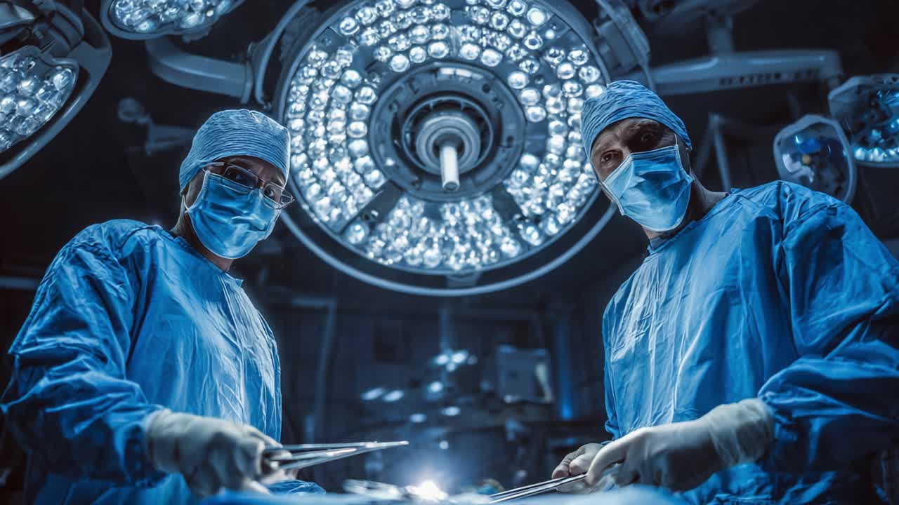 Surgeons in an Operating Room Focus on Precision and Care During a Critical Procedure Under Bright Surgical Lights