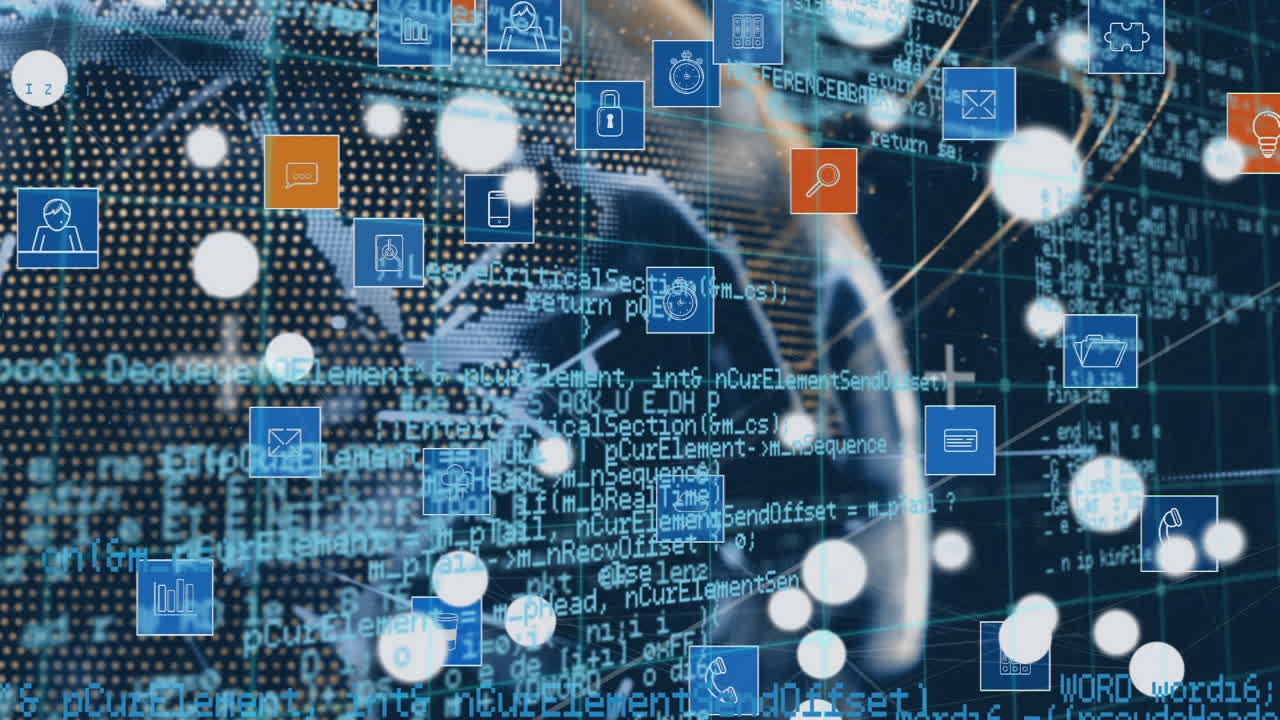 전 세계에 있는 여러 디지털 아이콘의 디지털 애니메이션과 파란색 배경의 데이터 처리
