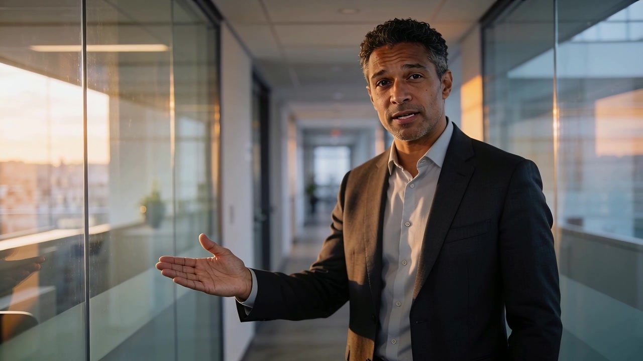 Starting tour man wearing dark suit gesturing at glass windows in office corridor