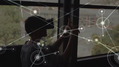 animation of network of connections over woman wearing vr headset