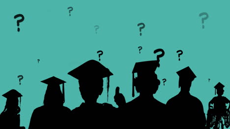 animation of question marks over silhouettes of students in graduation caps on blue background
