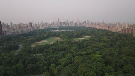 Aerial view of Central Park on a summer morning. Shot at sunrise in New York City