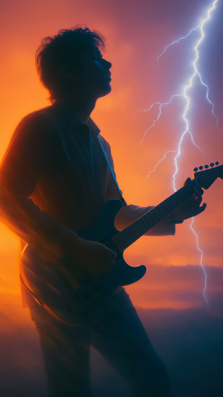 Silueta de un guitarrista con relámpagos dramáticos en el fondo, capturada desde un plano contrapicado.