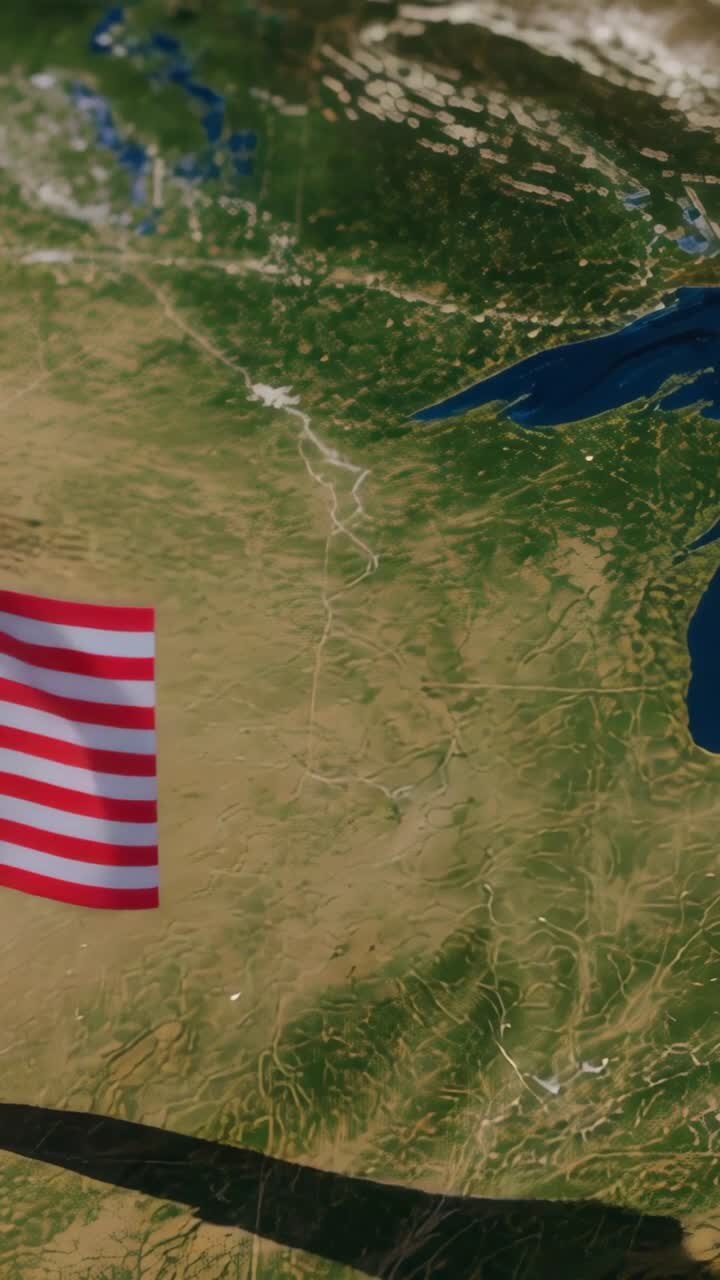 Vertical video: Entering American flag fluttering above central US, casting shadow, copy space