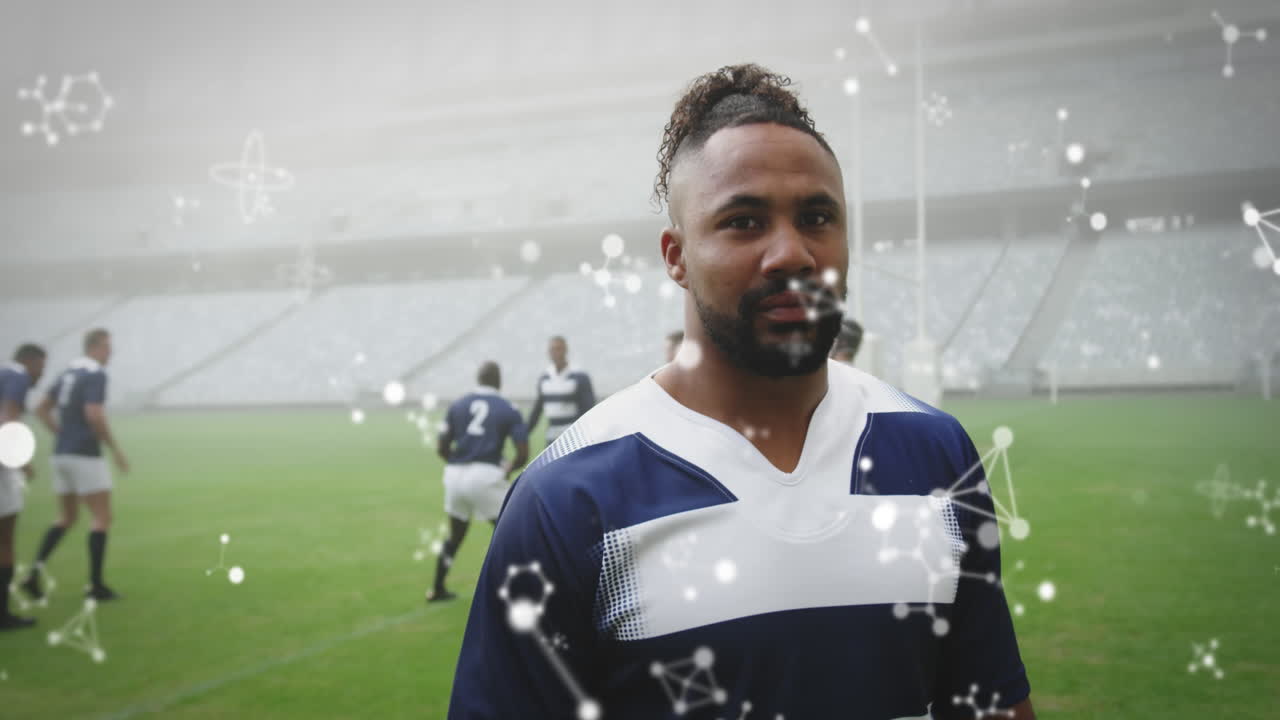 Animation von chemischen Strukturen über männlichen Rugbyspielern im Stadion