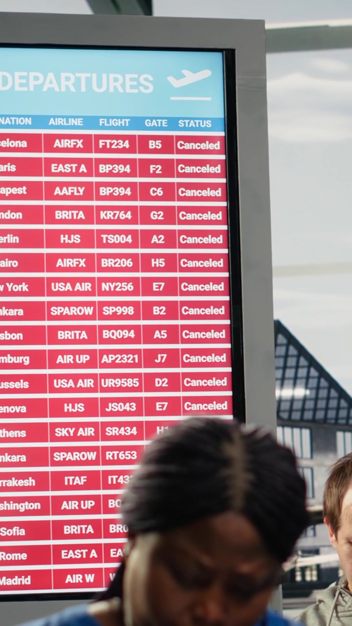Video vertical Turistas multiétnicos en el aeropuerto usando dispositivos, esperando un vuelo retrasado.
