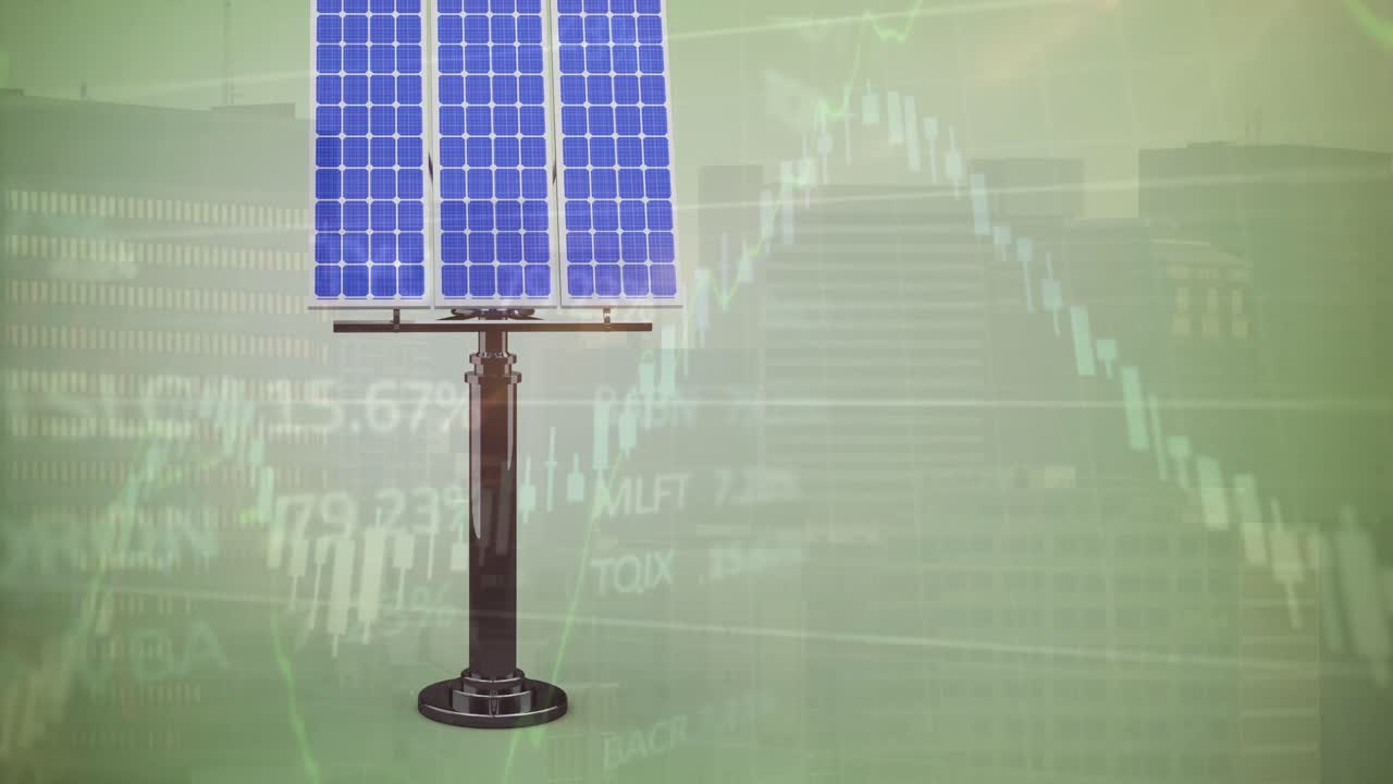 도시 풍경 배경에 있는 태양광 패널을 통해 금융 데이터 처리의 애니메이션.