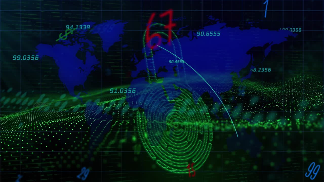 animación del procesamiento de datos y mapa del mundo sobre puntos