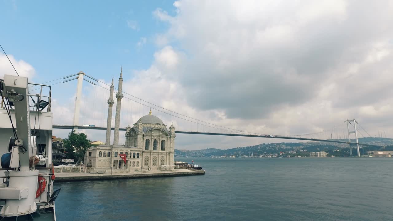 First Bosporus Bridge and Ortakoy Mosque in Istanbul. The Bosphorus Bridge, also called the First Bosphorus Bridge or simply the First Bridge