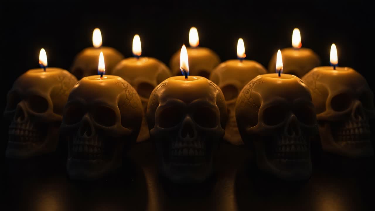 A Captivating Display of Flickering Flames atop Decorative Skull Candles Illuminating a Darkened Environment, Creating a Spooky and Mysterious Atmosphere
