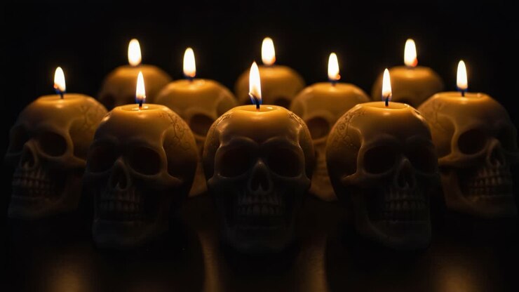 Una mostra accattivante di fiamme tremolanti su candele decorative a forma di teschio che illuminano un ambiente oscurato, creando un'atmosfera spettrale e misteriosa.