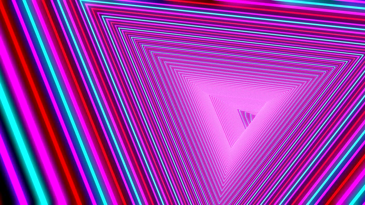 Abstract triangular portal seamless animation. Fluorescent tunnel with red, pink, blue neon triangles rendering video. Futuristic geometric passage looped footage. Colorful surreal sci fi portal
