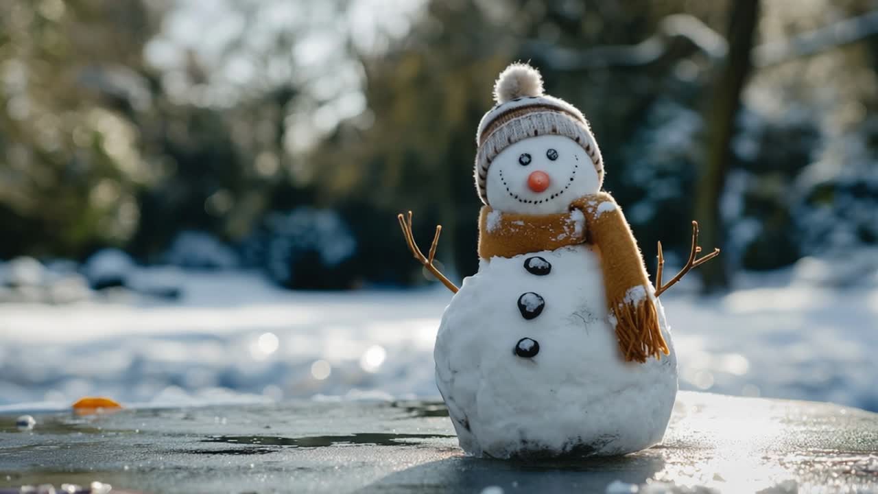 Small snowman wearing a cozy wool hat and bright yellow scarf, standing proudly on a wooden table in a snowy park, enjoying the warmth of a sunny winter day