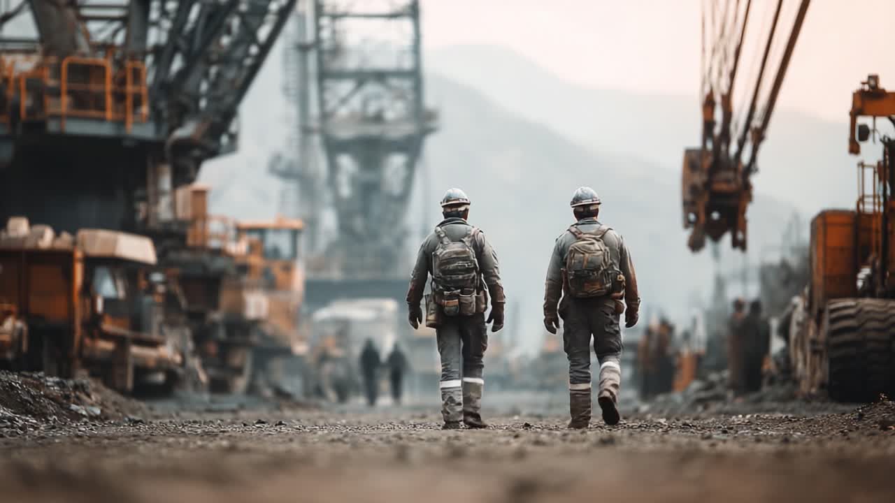 Due minatori che camminano in un sito industriale, mettendo in mostra l'ambiente impervio e i macchinari pesanti che caratterizzano le moderne operazioni minerarie