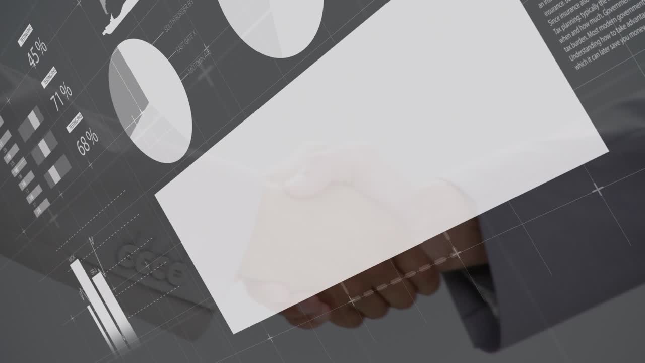 Animazione di grafici e dati su mani che si stringono