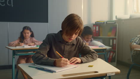 Escolarización-Estudiantil-Enfocada-En-El-Aula.-Alumno-Diligente-Escribiendo-En-Cuadernos