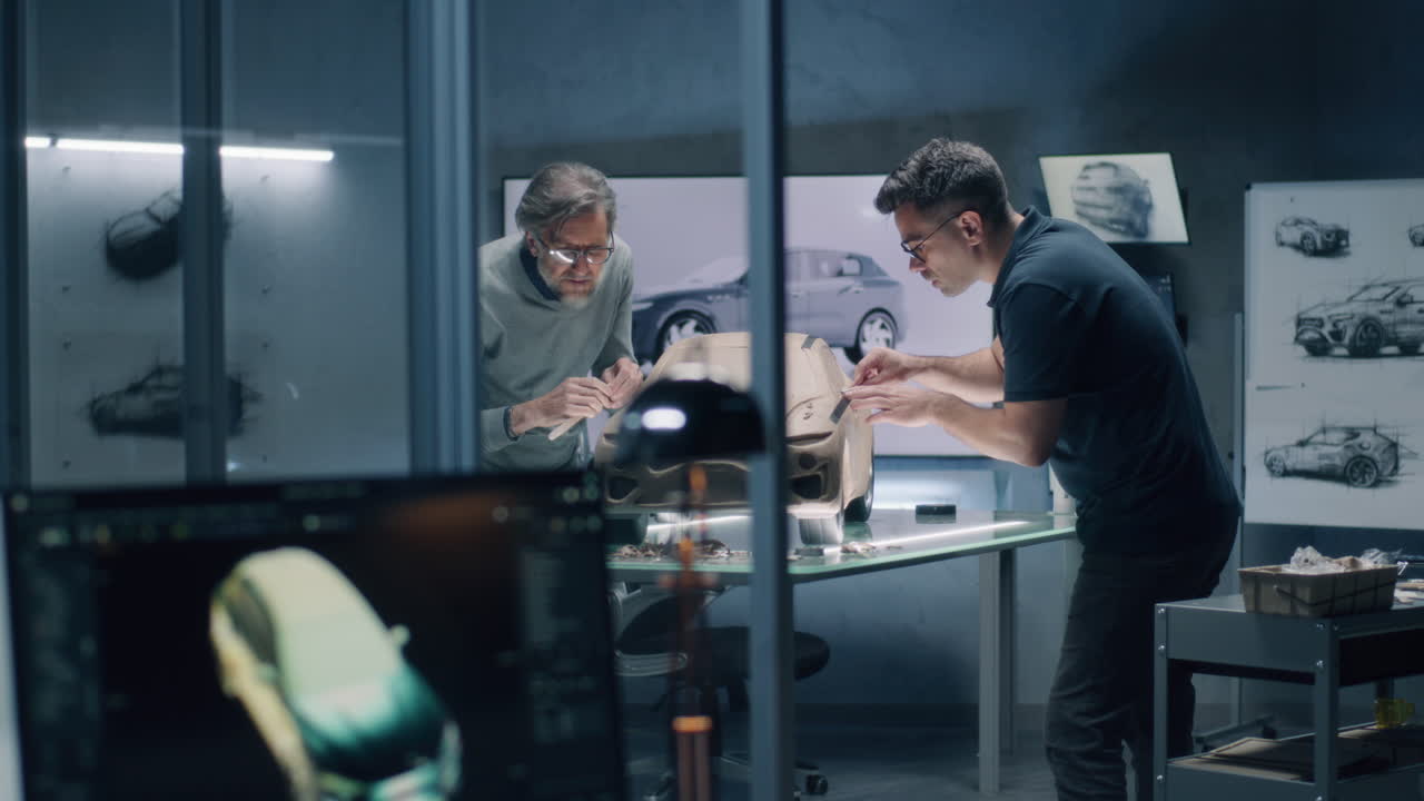 자동차 디자인 팀이 점토 모델을 작업하고 있습니다.
