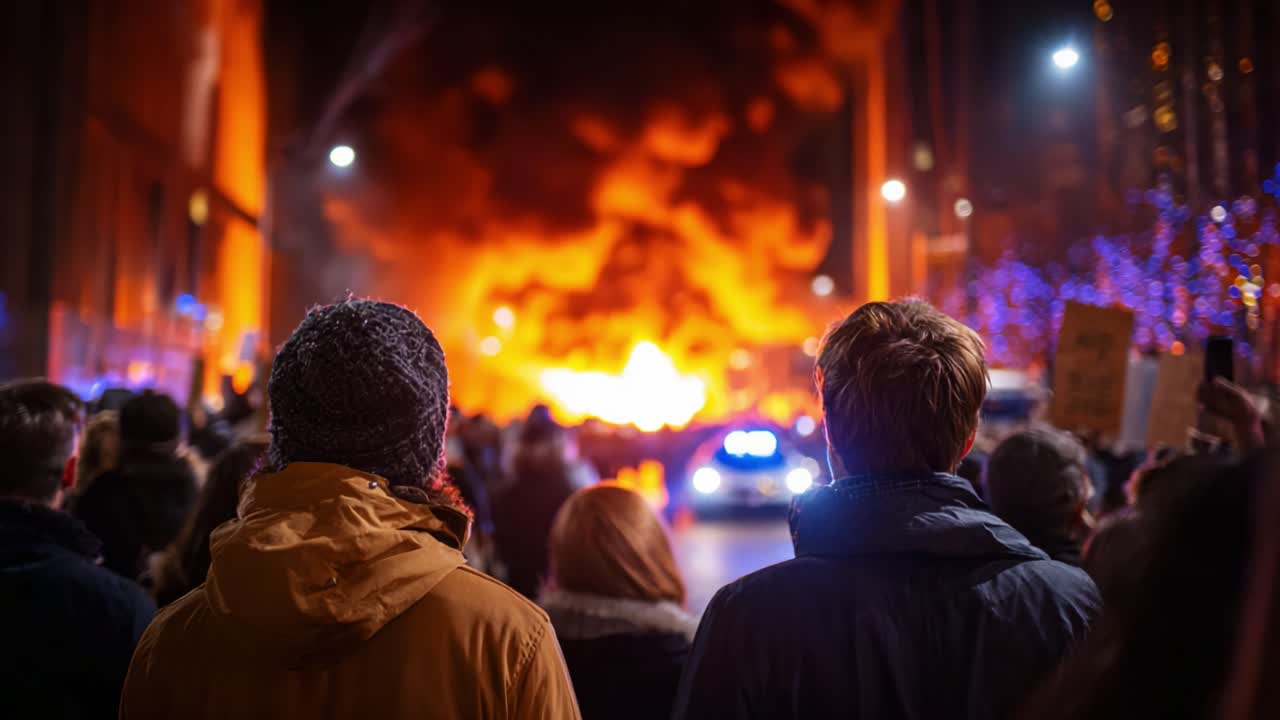Spettatori che assistono a una scena infuocata nel caos notturno, con veicoli di emergenza presenti ed effetti di luce tra la folla che osserva l'incidente