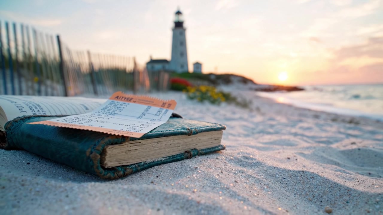 Una serena scena da spiaggia al tramonto con un libro invecchiato che poggia sulla sabbia e un faro sullo sfondo, creando un'atmosfera tranquilla e nostalgica.