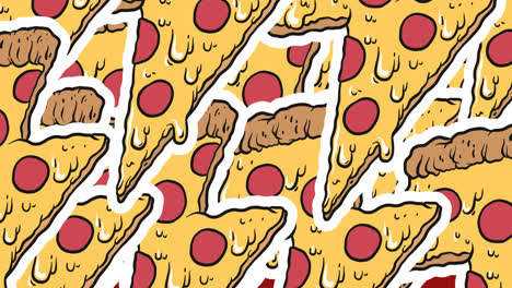 animación de múltiples iconos de pizza en forma de relámpago sobre un fondo rojo