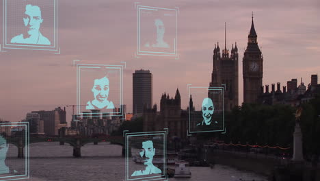 animación del procesamiento de datos con diversas personas en el paisaje urbano de londres.