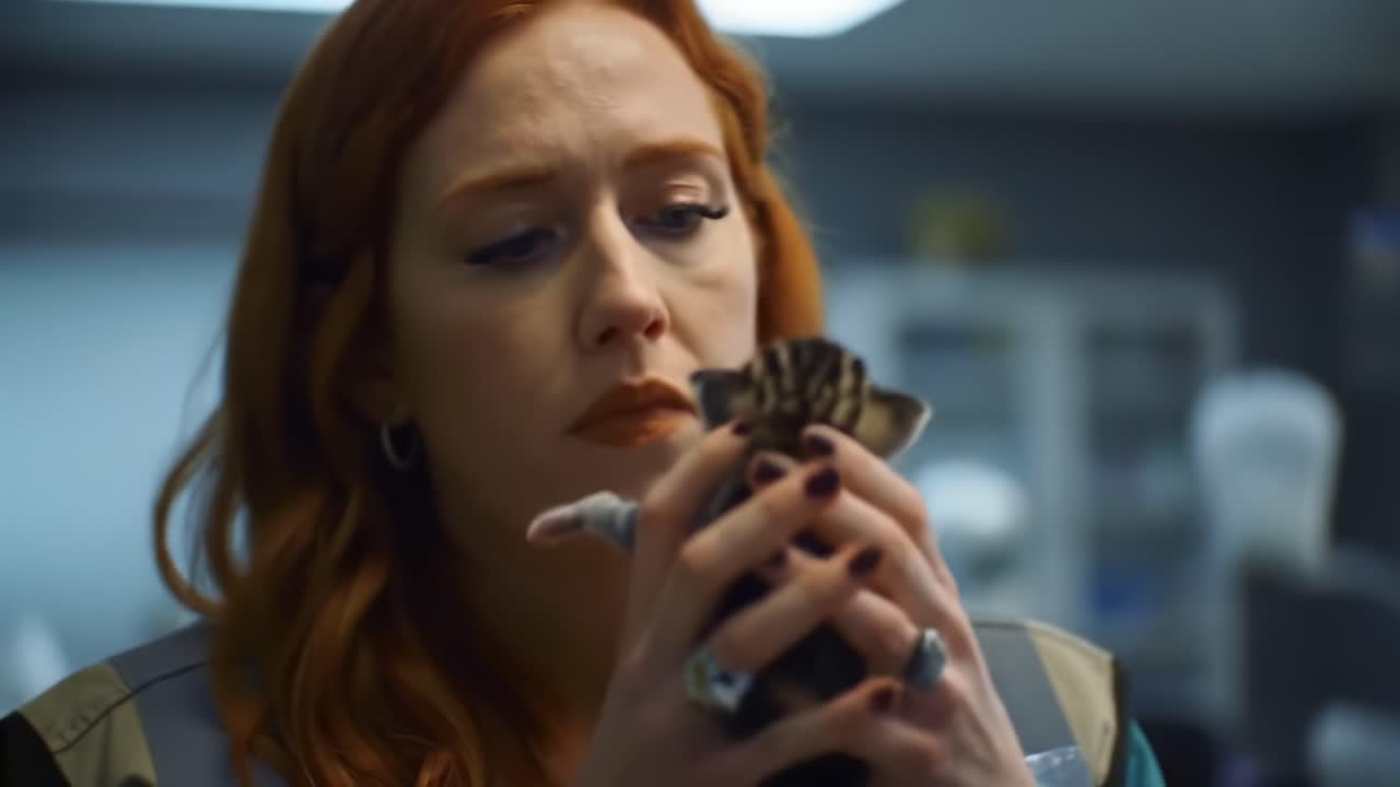 A Compassionate Encounter: A Woman's Tender Moment with a Vulnerable Kitten in a Medical Setting, Showcasing Care and Connection in Adversity