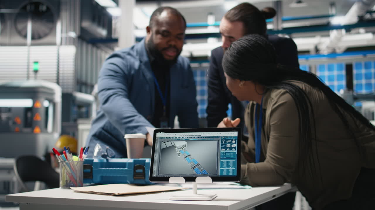 Engineers collaborate on technical drawing