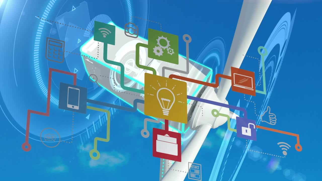 Animation of scopes with network of connections with icons over wind turbine