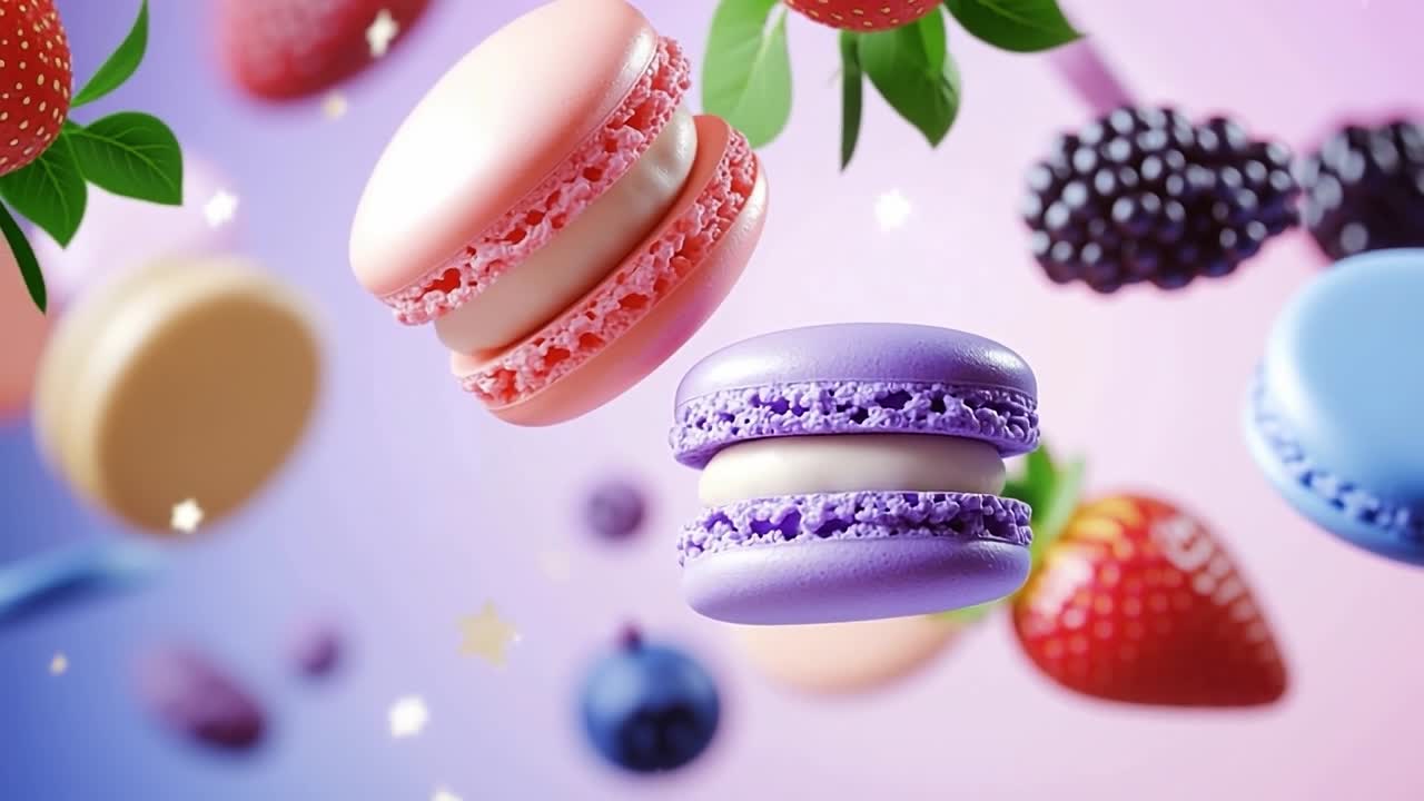 Berries and colorful macarons. Macarons mingle with colorful strawberries and blackberries in a whimsical, delightful treat.