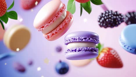 berries and colorful macarons. macarons mingle with colorful strawberries and blackberries in a whimsical, delightful treat.