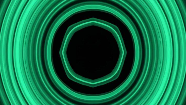 Abstract Green Concentric Circles Pulsing on Black Background