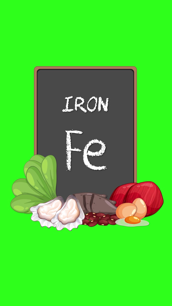 Chalkboard with iron symbol surrounded by illustrated iron rich foods on vibrant green background