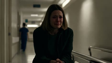 mujer llorando en el pasillo del hospital