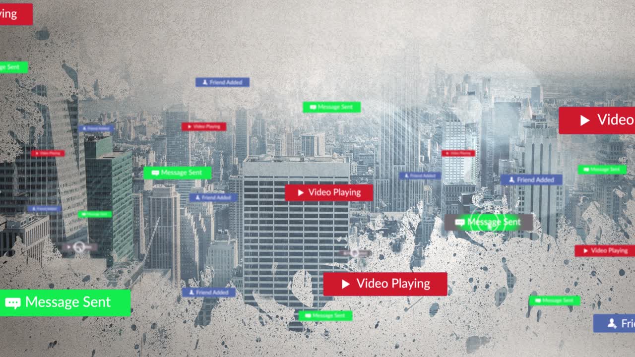 다채로운 배너와 도시 풍경에 있는 소셜 미디어 메시지 위로 이동하는 커서의 애니메이션