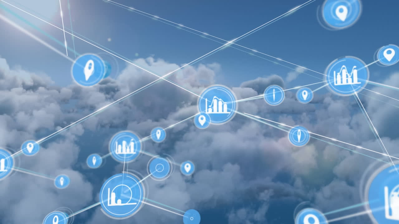 animación de la red de conexiones con iconos sobre nubes sobre fondo de cielo azul