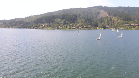 AERIAL---Sailboats-during-a-regatta-in-Lake-Vichuquen,-Chile,-wide-circle-pan
