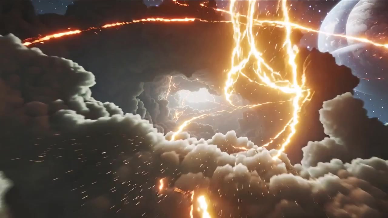 Cintas fundidas encendiéndose, nubes en espiral hacia el centro en el espacio, atrayendo al espectador hacia una apertura junto a un planeta.