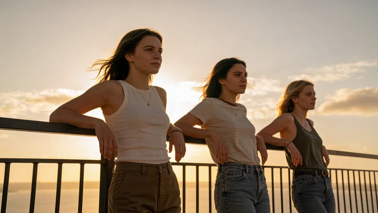 Três mulheres encostadas, usando blusas sem manga e jeans, observando o pôr do sol em um corrimão de metal enquanto o sol baixa