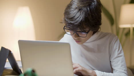 colegial inteligente trabajando en una laptop por la noche en casa