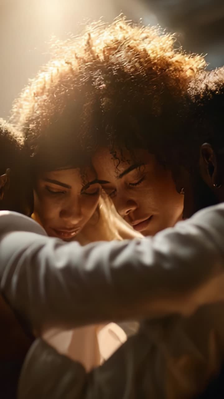 A group of individuals sharing an intimate moment, united in a close embrace, showcasing emotions of love, support, and connection under warm lighting