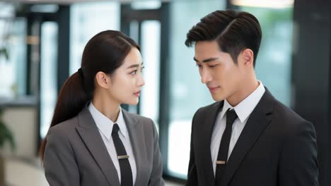 business partners in suits discussing project, exchanging glances in contemporary workplace, representing professional collaboration and strategic planning