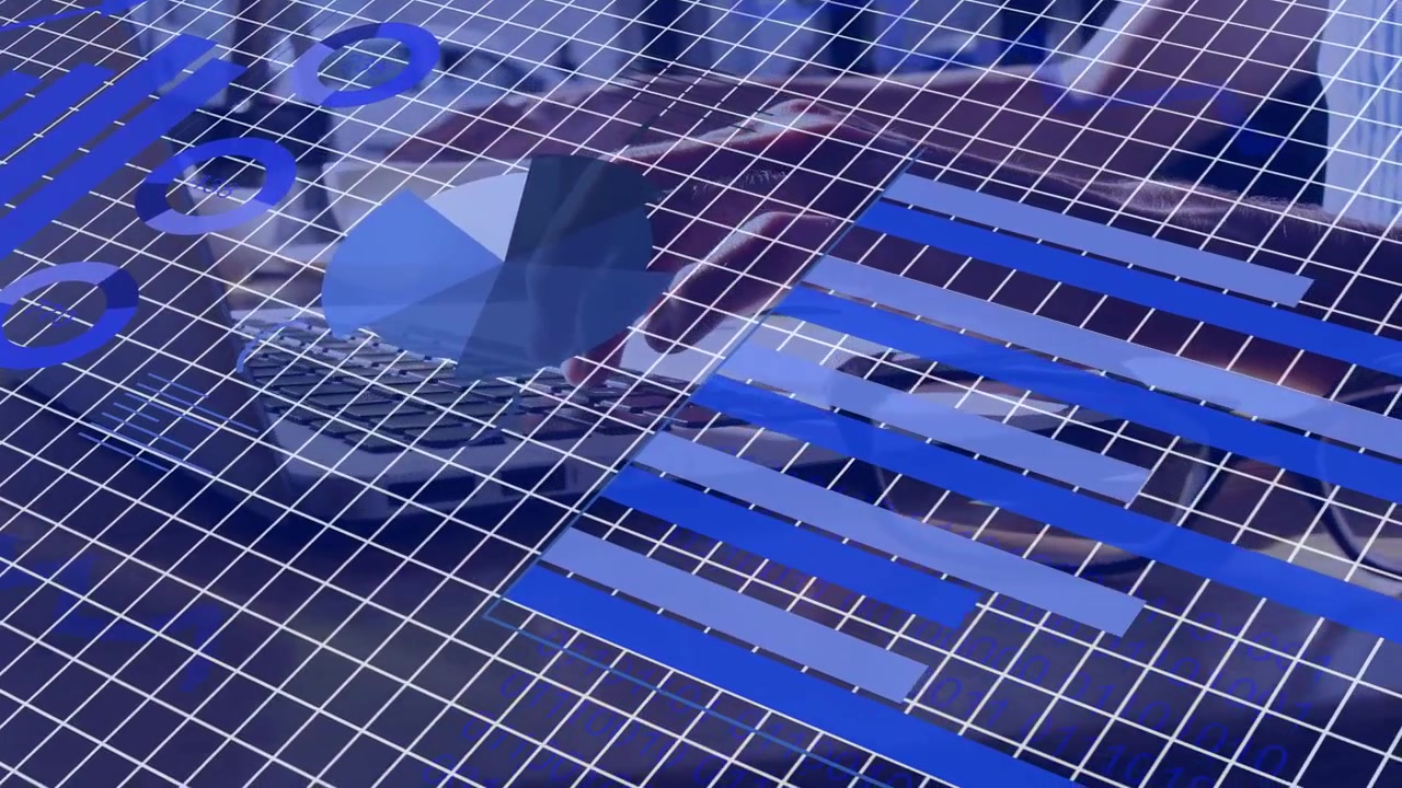 Aggiornamento dati, grafico aziendale 3D che ruota a sinistra, barre che si estendono, rivelando una donna dietro una griglia per contesto.