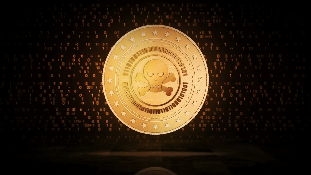 piratería cráneo cibercrimen y hackeo de monedas de oro bucle en el fondo digital