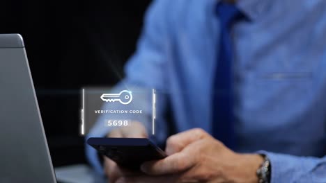 Businessman Using Smartphone With Holographic Verification Code Popping Out. Two-Factor Authentication (2FA) Concept. closeup shot, digital graphics