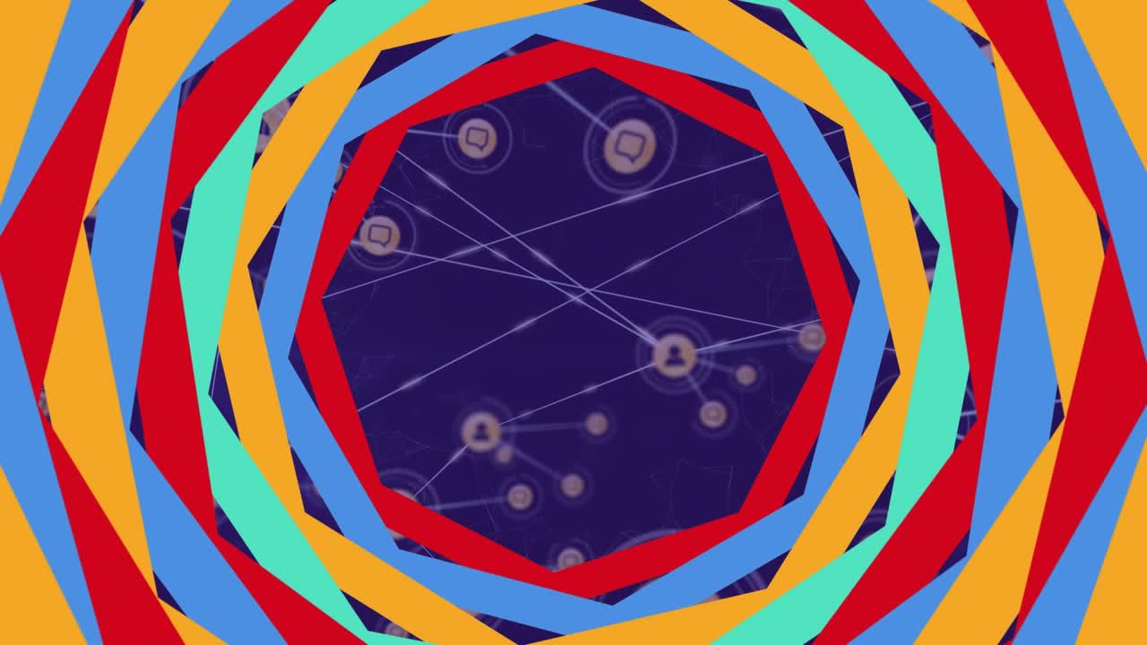Animation of colorful geometrical shapes over network of connections on purple background
