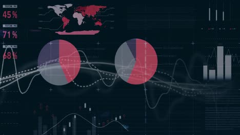 animación de múltiples gráficos sobre una interfaz infográfica multicolor contra un fondo negro