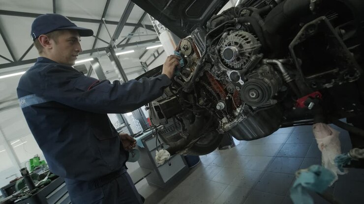 Mechanic Repairing Car Engine in Auto Workshop