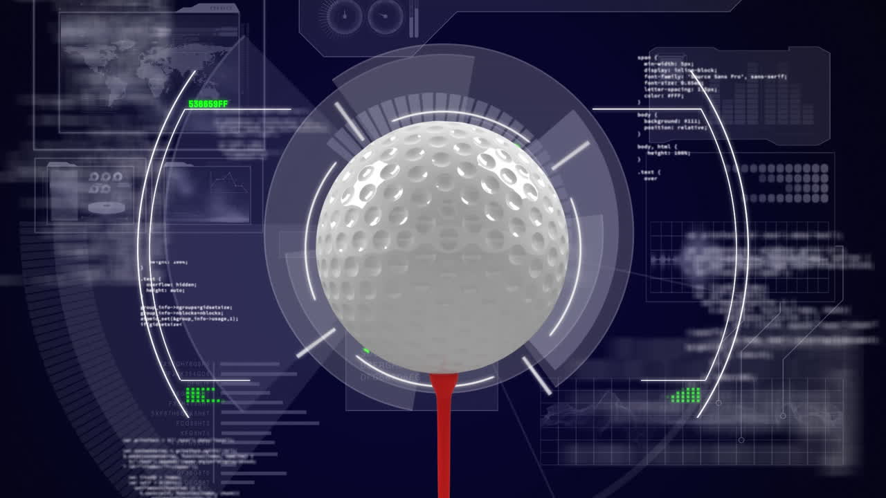 골프 공 위의 화면에서 디지털 데이터 처리의 애니메이션