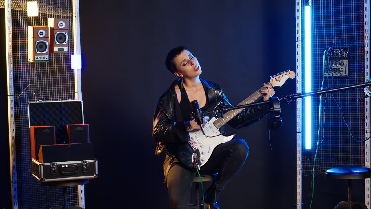 Female Musician Playing Guitar in Studio