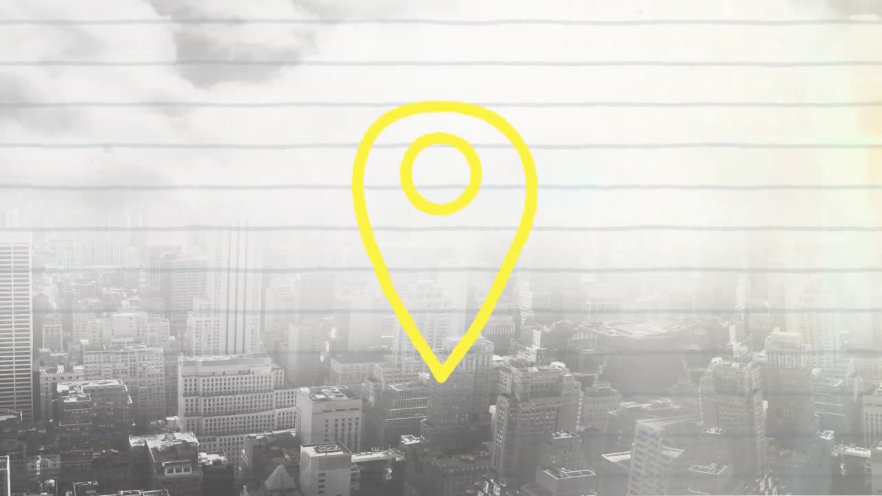 animación del pin de ubicación amarillo dibujado sobre papel gobernado y paisaje urbano